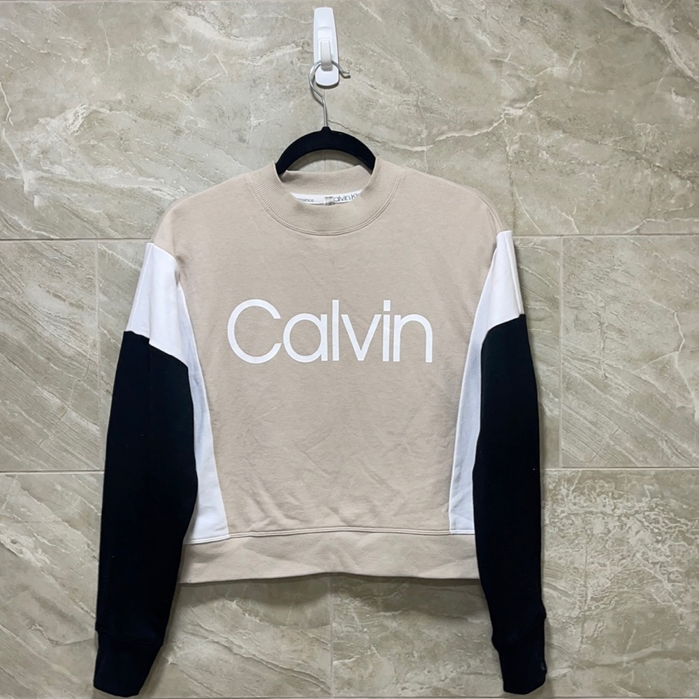 Medium Calvin Klein crew neck tan, white and black sleeves